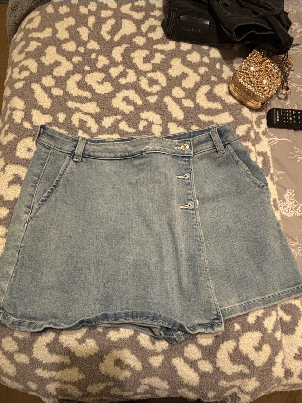 Light Blue Denim Mini Skort with Front Button Detail - Women's Casual